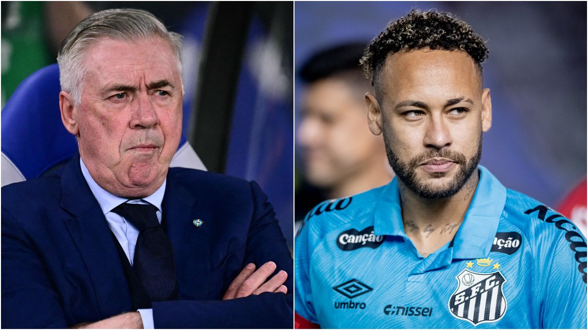 Carlo Ancelotti, técnico do Brasil, e Neymar, atacante do Santos (foto: Yuichi YAMAZAKI / AFP e Léo piva/ Santos FC)