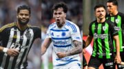 Hulk, do Atlético; Kaio Jorge, do Cruzeiro; e William Bigode, do América, comemoram gols em 2025 (foto: Pedro Souza/Atlético, Gustavo Aleixo/Cruzeiro e Mourão Panda/América)