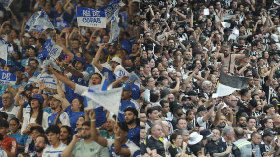 Torcidas de Cruzeiro e Atlético no Mineirão e na Arena MRV, respectivamente (foto: Alexandre Guzanshe/EM/D.A Press)