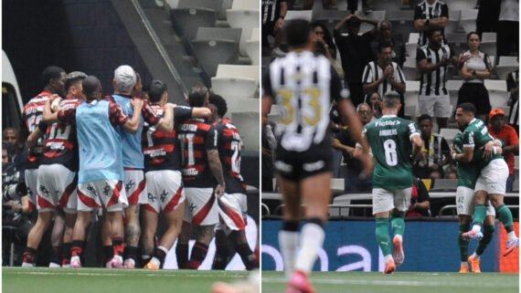 Atlético tem enfrentado dificuldades para superar Flamengo e Palmeiras na Arena MRV (foto: Montagem com imagens de Alexandre Guzanshe/EM/D.A. Press)
