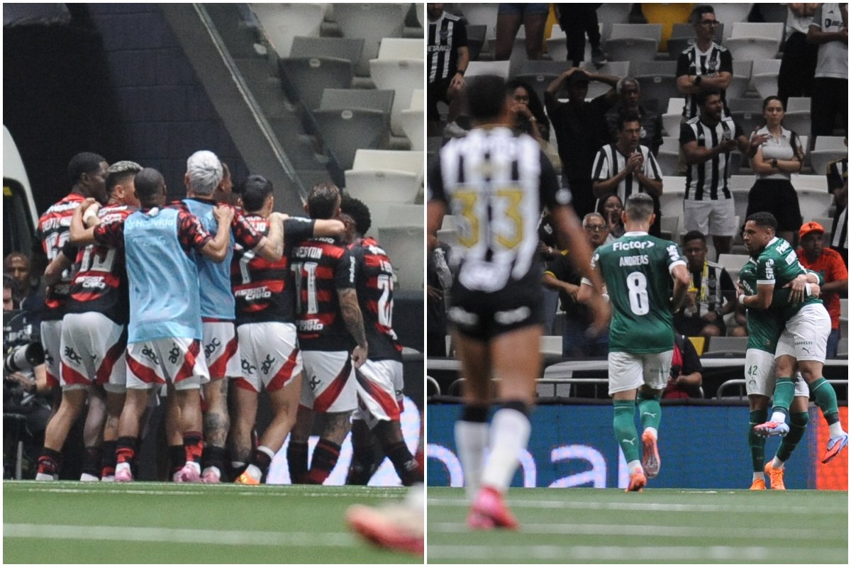 Atlético tem enfrentado dificuldades para superar Flamengo e Palmeiras na Arena MRV (foto: Montagem com imagens de Alexandre Guzanshe/EM/D.A. Press)