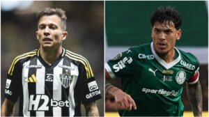 Bernard, do Atlético, e Gustavo Gómez, do Palmeiras - Crédito: 