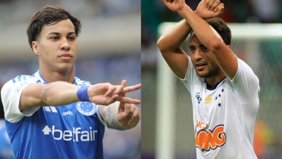 Kaio Jorge (à esquerda) e Everton Ribeiro (à direita), destaques do Cruzeiro em 2025 e 2013, respectivamente (foto: Alexandre Guzanshe/EM/D.A. Press (1º/11/2025) - EDSON RUIZ/ESTADAO CONTEUDO (4/9/2013))