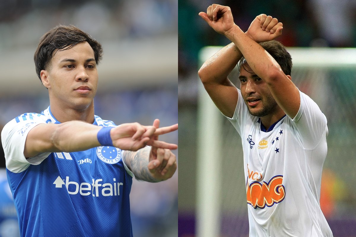 Kaio Jorge (à esquerda) e Everton Ribeiro (à direita), destaques do Cruzeiro em 2025 e 2013, respectivamente (foto: Alexandre Guzanshe/EM/D.A. Press (1º/11/2025) - EDSON RUIZ/ESTADAO CONTEUDO (4/9/2013))