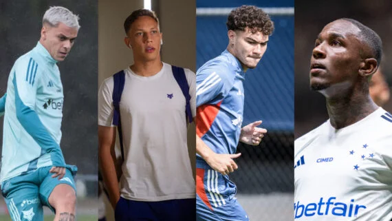 Vitinho, Ian Luccas, Arthur Viana e João Pedro, quatro dos 13 atletas que foram emprestados pelo Cruzeiro em 2025 (foto: Matheus Morais e Gustavo Aleixo/Cruzeiro)