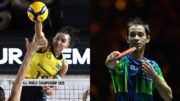 Gabi Guimarães, do vôlei, e Hugo Calderano, do tênis de mesa (foto: LILLIAN SUWANRUMPHA e WANG ZHAO/AFP)