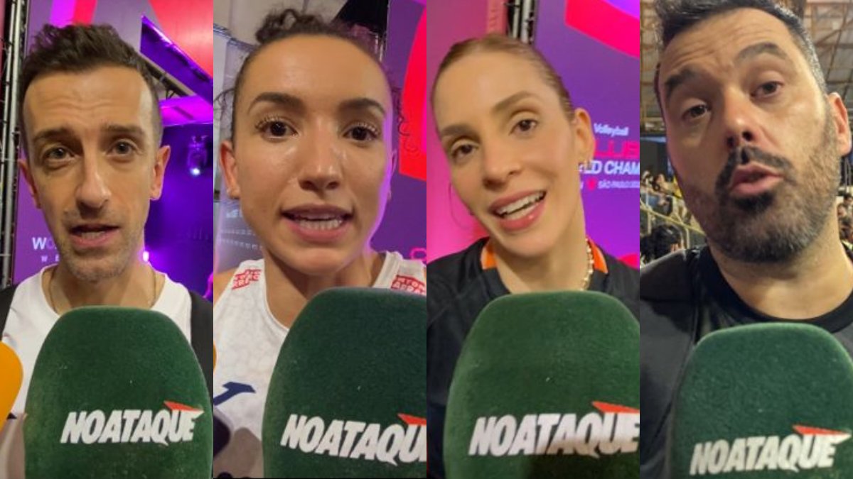 Davide Santarelli, técnico do Conegliano; Gabi Guimarães, craque brasileira do Conegliano; Camila Brait, líbero do Osasco; e Rui Moreira, técnico do Praia (foto: Rafael Cyrne/No Ataque)