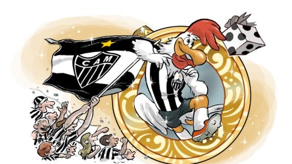 Mascote do Atlético, Galo, com uma caixa de presente ao lado de torcedores com bandeira do clube (foto: Quinho/EM)