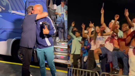 Pedrinho e torcedores fazendo a recepção do Cruzeiro no Mineirão nesta quarta-feira (10/12) (foto: Reprodução)
