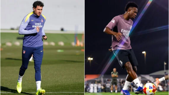 Rimenez treinando pelo Atlético de Madrid na esquerda e Vini JR treinando pelo Real Madrid na direita (foto: Divulgação/Atlético de Madrid e Divulgação/Real Madrid)