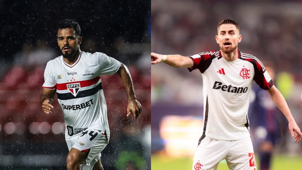 Danielzinho correndo com a camisa tradicional do São Paulo e Jorginho com a camisa branca do Flamengo apontando para a esquerda (foto: Divulgação/São Paulo; Divulgação/Flamengo)