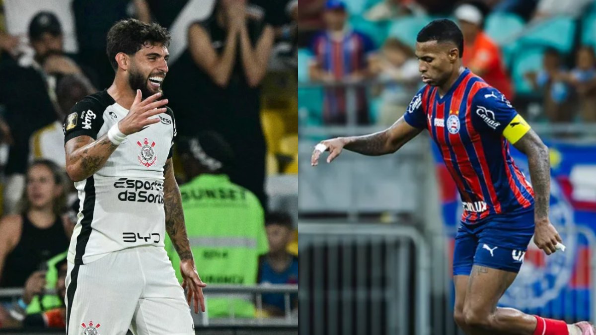 Yuri Alberto sorri com camiseta branca do Corinthians, Jean Liucas olha para baixo com camiseta listrada vermelha e azul do Bahia (foto: Pablo Porciuncula/AFP; Divulgação/Bahia)