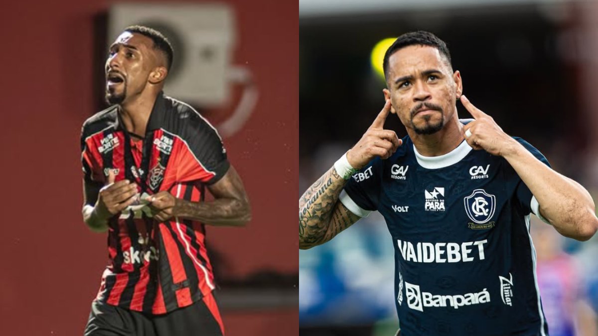 Mateus Silva com camisa listrada vermelha e preta do Vitória e Yago Pikachu com camisa preta do Remo (foto: Vitória/Divulgação; Remo/Divulgação)