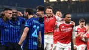 Jogadores da Internazionale e do Arsenal comemorando (foto: Divulgação/Internazionale e Divulgação/Arsenal)