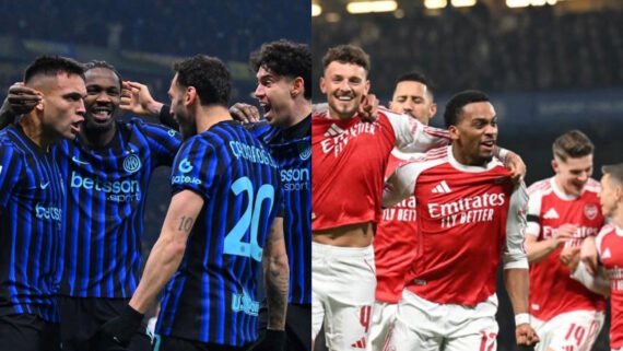 Jogadores da Internazionale e do Arsenal comemorando (foto: Divulgação/Internazionale e Divulgação/Arsenal)