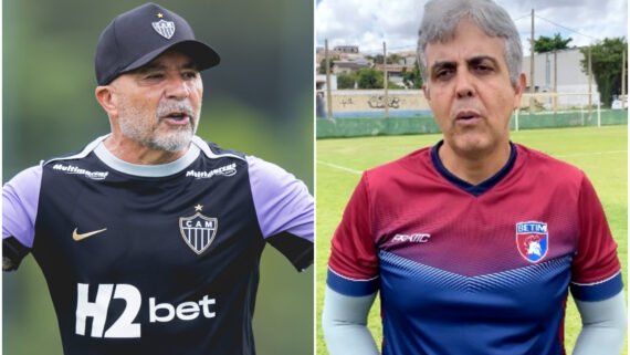 Jorge Sampaoli e Emerson Ávila, técnicos de Atlético e Betim, respectivamente (foto: Montagem com imagens de Pedro Souza/Atlético e Betim Futebol)