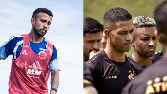 Matheus Henrique, volante do Cruzeiro, e Ricardo Bueno, atacante do Pouso Alegre (foto: Gustavo Aleixo/Cruzeiro; Reprodução/Pouso Alegre)