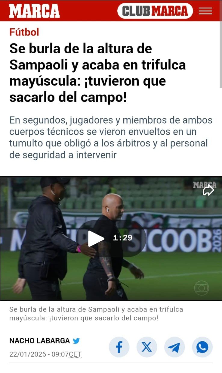Página de site com matéria sobre a discussão entre Sampaoli e Valentim