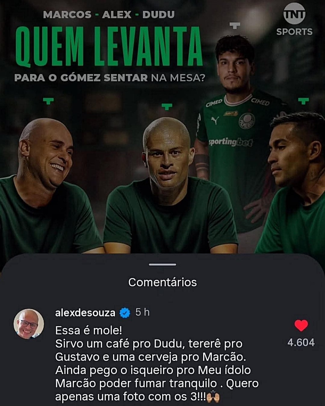 Resposta de Alex a montagem sobre ídolos do Palmeiras - (foto: Reprodução Instagram TNT Sports)