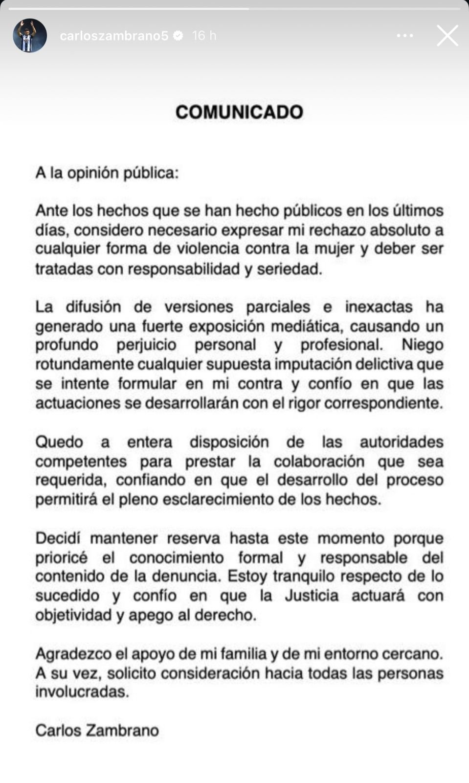 Comunicado oficial publicado por Carlos Zambrano - (foto: Redes sociais/Reprodução)