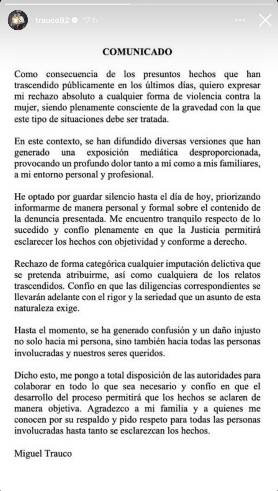 Comunicado oficial publicado por Miguel Trauco - (foto: Redes sociais/Reprodução)