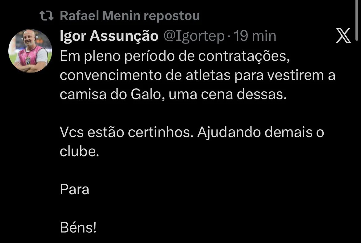 Print de republicação feita por Rafael Menin - (foto: Redes sociais/Reprodução)
