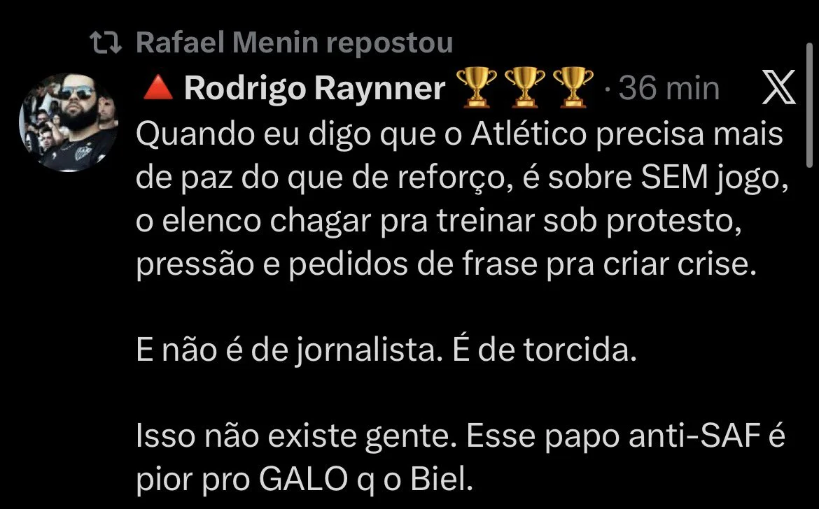 Print de republicação feita por Rafael Menin - (foto: Redes sociais/Reprodução)