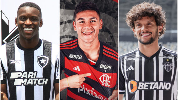 Luiz Henrique, Carlos Alcaraz e Gustavo Scarpa: reforços de impacto de Botafogo, Flamengo e Atlético em 2024 (foto: Montagem com imagens de Vítor Silva/Botafogo, Divulgação/Flamengo e Pedro Souza/Atlético)