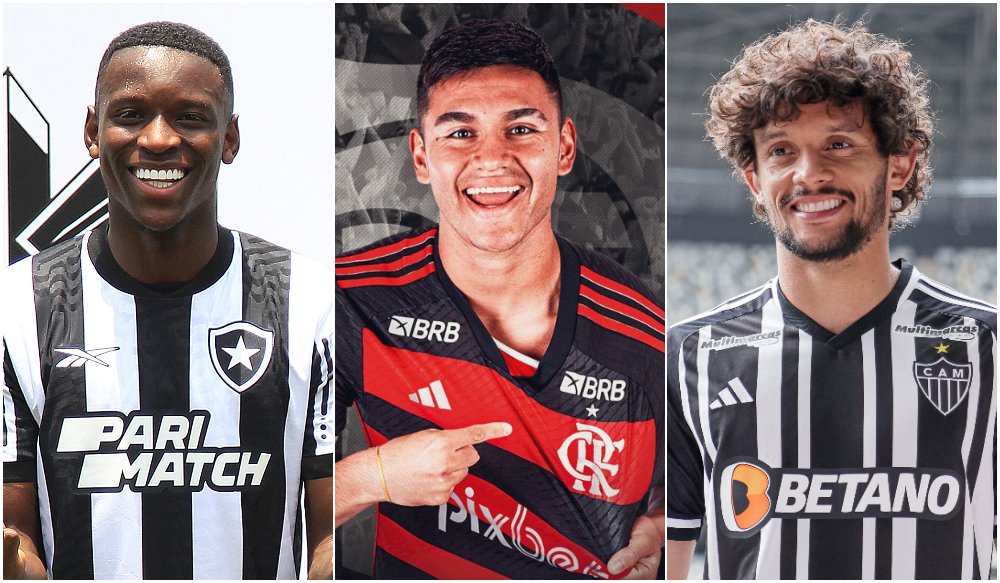 Luiz Henrique, Carlos Alcaraz e Gustavo Scarpa: reforços de impacto de Botafogo, Flamengo e Atlético em 2024 (foto: Montagem com imagens de Vítor Silva/Botafogo, Divulgação/Flamengo e Pedro Souza/Atlético)