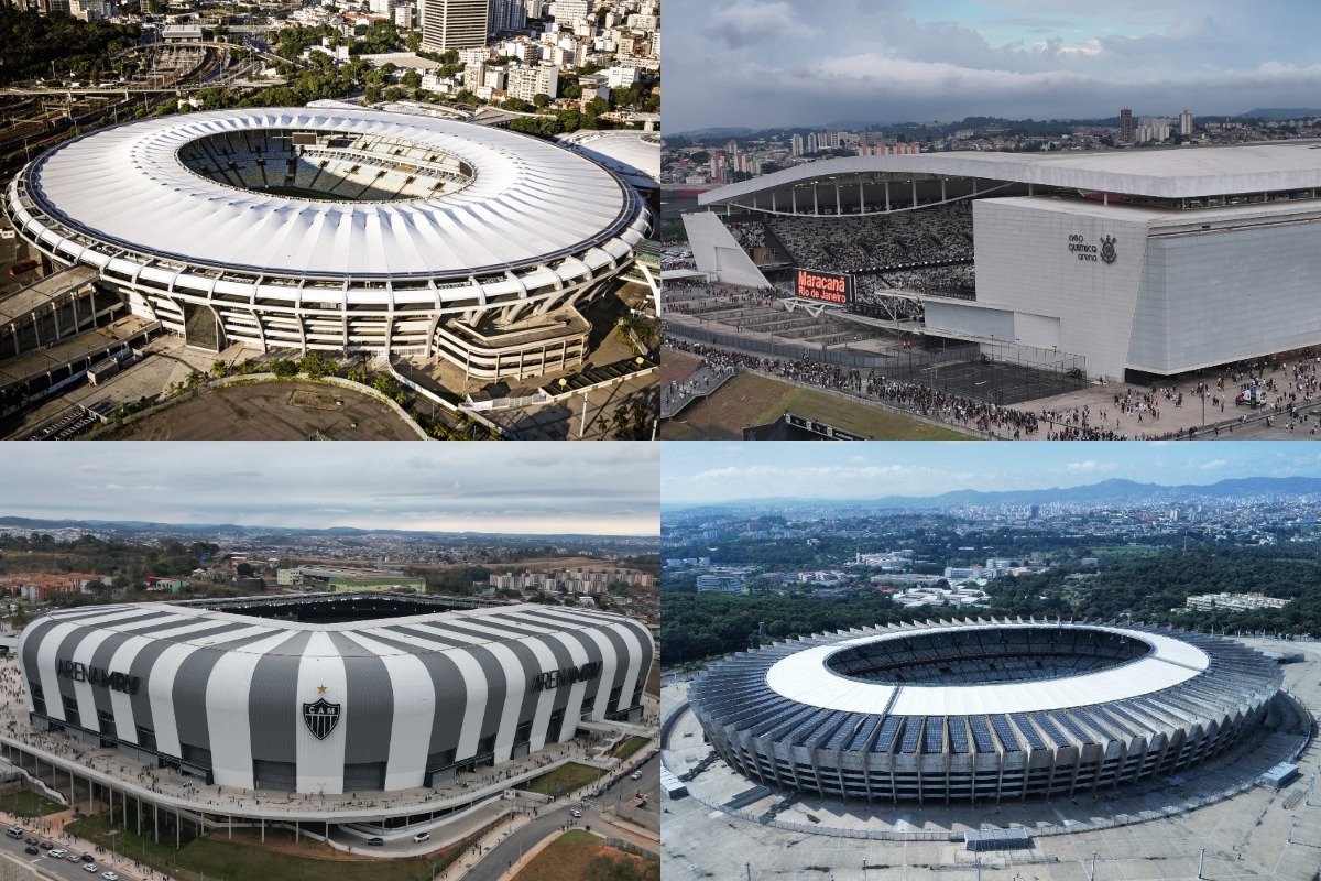 Montagem com fotos do Maracanã, Neo Química Arena, Arena MRV e Mineirão (foto: Delmiro Junior/Photo Premium/Folhapress (30/11/2020) - Divulgação / Neo Química Arena - @estev4m/Esp. EM/D.A Press (27/08/2023) - Leandro Couri/EM/DA.Press (26/07/2024))