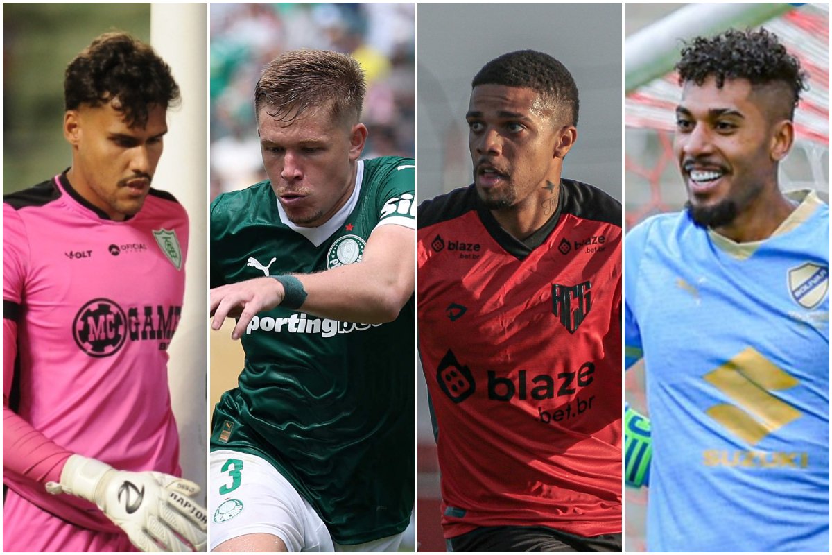 Matheus Mendes, Bruno Fuchs, Robert Santos e Fábio Gomes: quatro dos 13 jogadores emprestados pelo Atlético no mercado da bola (foto: Montagem com imagens de Alexandre Guzanshe/EM/D.A Press, François Nel/Getty Images via AFP, Bruno Corsino/Atlético-GO e Divulgação/Bolívar)